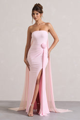 Pink Strapless Wrap Cape Maxi Dress With Corsage